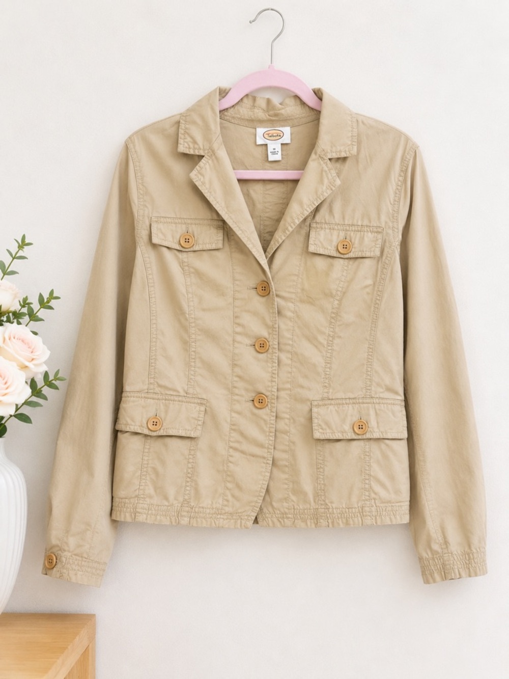 Talbots 100% Cotton Utility Jacket Size 12 Khaki Button Front Safari Style